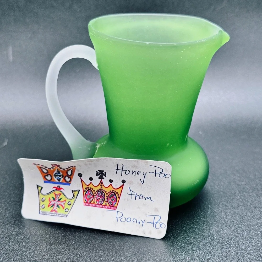 Pilgrim Glass‎ Handblown Frosted Satin Lime Green Mini Pitcher Vintage Name Tag